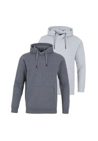 Due felpe con cappuccio in tessuto felpato grigio scuro e grigio chiaro. Ognuna presenta una tasca frontale e corde di regolazione sui cappucci.