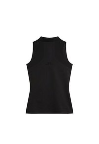 Svart ärmlös träningslinne med hög krage, med meshpaneler, ribbad textur och vertikala sömdekorationer på baksidan.