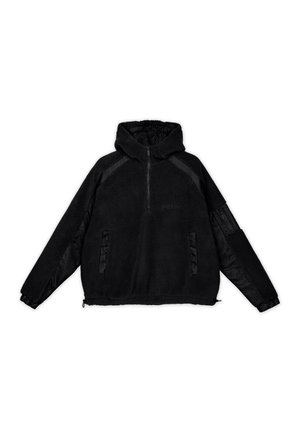 Black pullover hoodie with half-zip design, fleece main body, smooth black fabric panels on shoulders and sleeves, elastic cuffs, and side pockets.