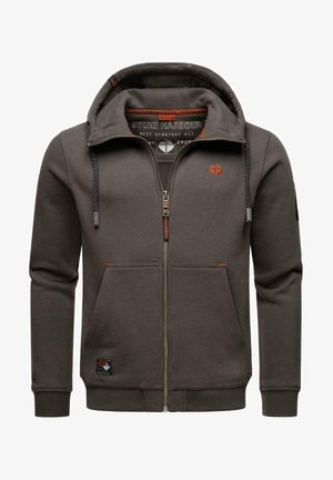 Brown zip-up hoodie with a drawstring hood, ribbed cuffs, and front pockets. Features logo accents and a soft, textured fabric.