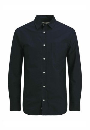 Tmavomodrá koše�ľa s dlhým rukávom so zapínaním na gombíky, so špicatým golierom, jedinou náprsníkovou kapsou a bielymi gombíkmi na hladkej látke.