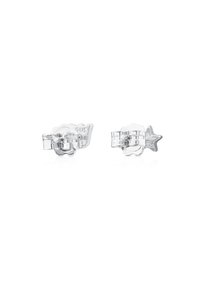 Pendientes de studs de acrílico transparente que presentan un diseño de gesto de mano en uno y una forma de estrella en el otro, ambos con superficies brillantes.