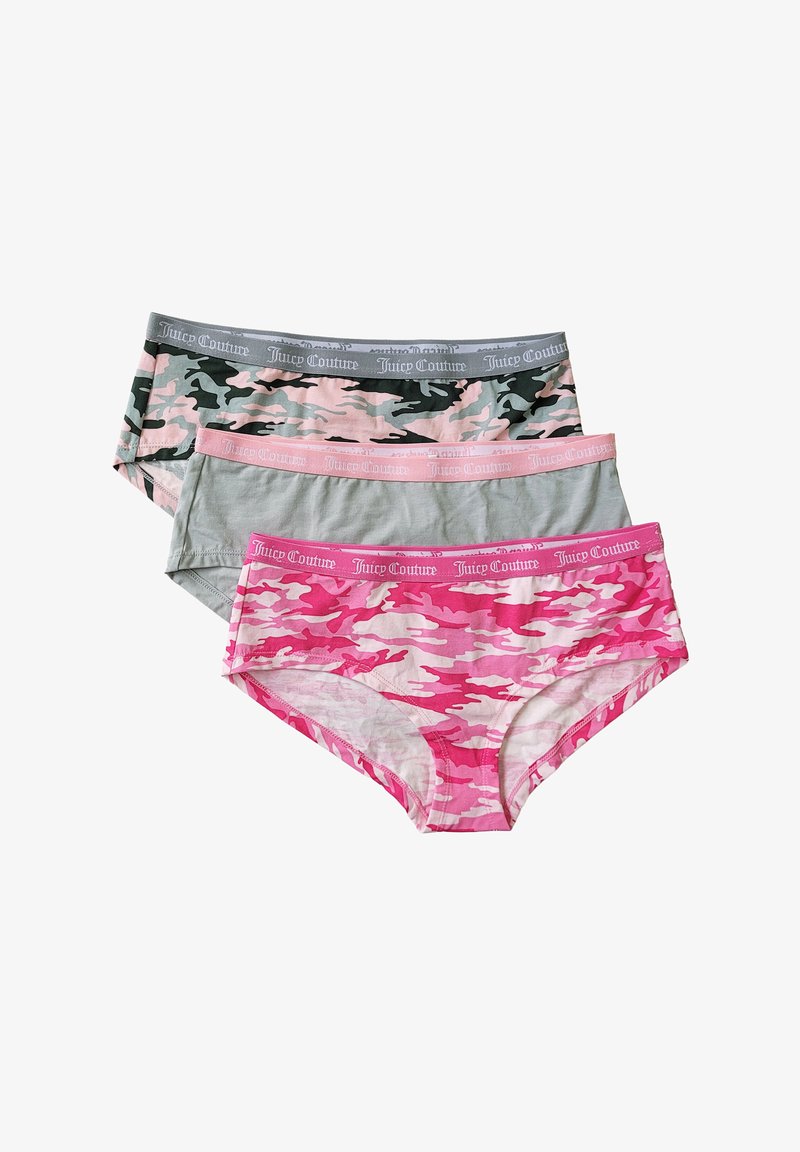 Tre paia di biancheria intima femminile con fantasie mimetiche: grigio con rosa, grigio chiaro e rosa con varie tonalità di rosa e bianco.