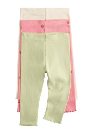 Tre paia di leggings per bambini a costine color crema, rosa con piccole stampe di fragole e verde chiaro, impilati con le fasce in vita allineate.