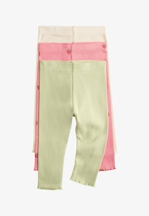 Drie paar geribbelde babysleggings in crème, roze met kleine aardbeienprints en lichtgroen, gestapeld met de taillebanden uitgelijnd.
