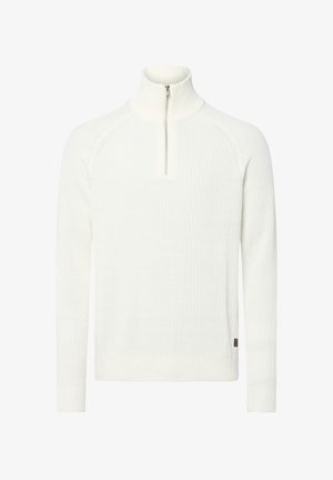 Witte geribbelde gebreide pullover met hoge kraag en kwart-rits. Heeft lange mouwen en een klein logo-label aan de onderkant links.