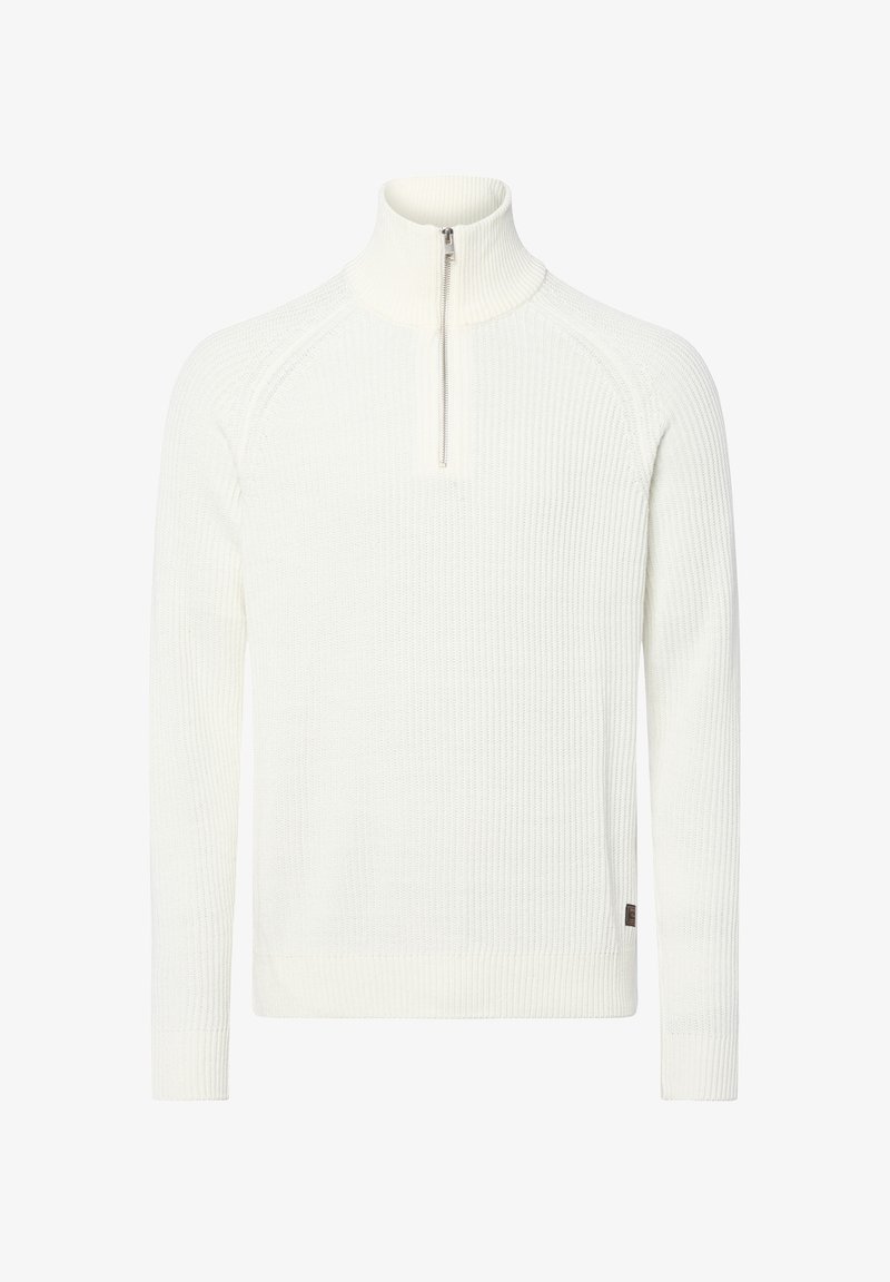 Pull en tricot côtelé blanc avec col montant et zip quart. Dispose de manches longues et d'une petite étiquette logo en bas à gauche.