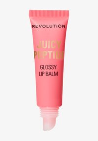 Rosa plastisk tube med leppebalsam og ribbet hette, med gulltekst som leser "JUICY PEPTIDE" og "GLOSSY LIP BALM" på forsiden.