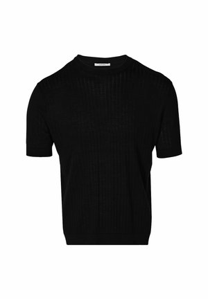 Schwarzes kurzärmliges, geripptes Strickpullover mit Rundhalsausschnitt, ausgestattet mit subtiler Textur und lockerer Passform. Keine sichtbaren Beschläge oder Akzente.