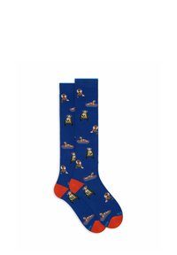 Calzini blu con accenti rossi, caratterizzati da un motivo a stampa di cani che mostrano cani in diverse pose, realizzati in un materiale morbido e elasticizzato.