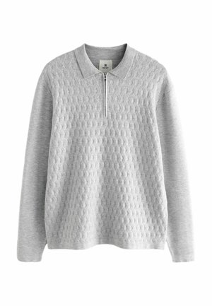 Svijetlosivi džemper s teksturiranim dijamantnim uzorkom, s polu-zip zatvaranjem sprijeda i klasičnom kragnom. Izrađen od mekanog, udobnog materijala. Ležeran dizajn.