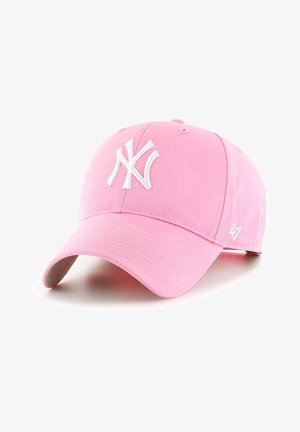 Pink baseball cap made of cotton with a white "NY" embroidered logo on the front and a curved brim. Features a stitched strap on the back.