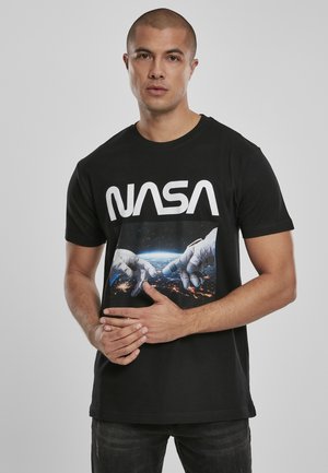 Black cotton t-shirt featuring a large "NASA" logo in white and a graphic of hands reaching towards Earth in space.
