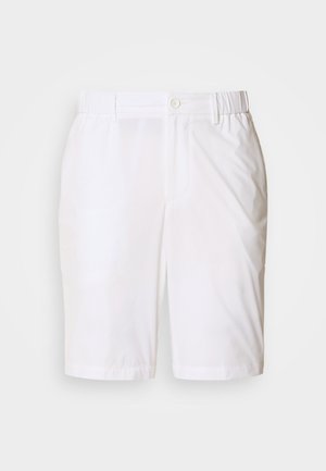 White shorts made of smooth fabric, featuring a button closure, elastic waistband, and side pockets. Simple, straight-leg design.