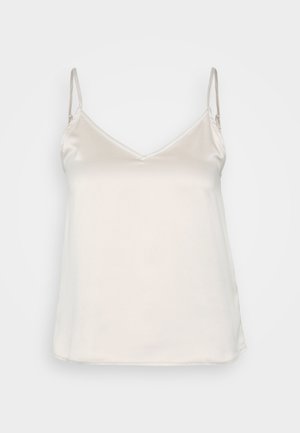 Zijdeachtige beige top met dunne verstelbare bandjes en een subtiele V-halslijn, met een glad, niet-gestructureerd oppervlak.