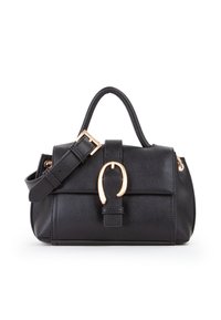 Borsa a tracolla in pelle nera con un design strutturato, hardware dorato, manico superiore e tracolla removibile. Texture liscia e dettaglio con fibbia.
