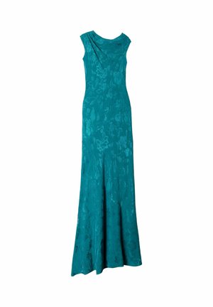 Lungo vestito teal con scollatura drappeggiata, maniche a cappuccio, motivo floreale testurizzato e una silhouette aderente che si allarga all'orlo.
