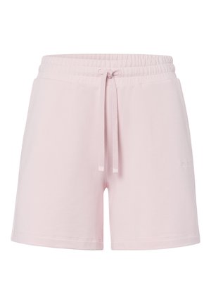 Pantalones cortos de algodón rosa claro con cintura elástica, cordón de ajuste y bolsillos laterales; presenta un sutil detalle del logo en una pierna.