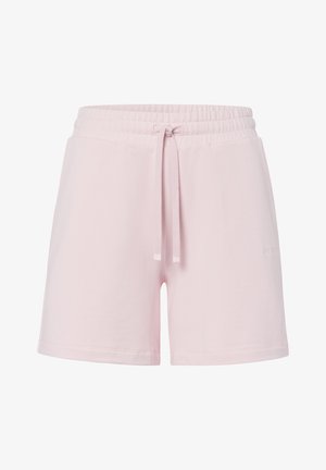 Lyserøde bomulds shorts med elastisk talje, snor i livet og sidelommer; har diskrete logo detaljer på det ene ben.