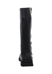 Tall black leather boots with a smooth texture, featuring a rear zipper and vertical stitching details along the shaft. Chunky rubber sole.