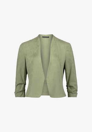 Grøn, spæd-lignende let jakke med en draperet åben front, trekvartærmer og en glat tekstur. Ingen lukninger eller udsmykninger.