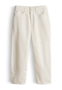 Off-white jeans met rechte pijpen, voorzakken, riemlussen en een knoopsluiting op een witte achtergrond.