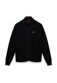 Cardigan nero a maglia con colletto alto, chiusura frontale con zip, polsini e orlo a costine. Presenta un logo circolare sul lato sinistro del petto.