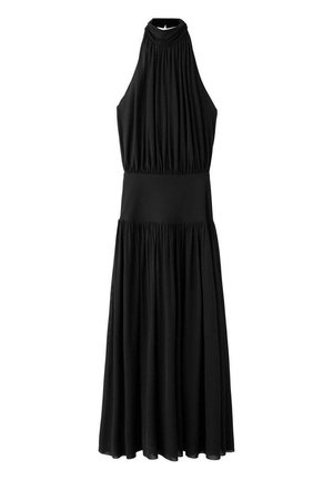 Vestido maxi negro sin mangas con escote alto fruncido, cintura ceñida y falda plisada y fluida.