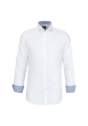 Camicia bianca a maniche lunghe con bottoni, con collo e polsini interni dal motivo blu, mostrata su uno sfondo bianco semplice.