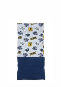 Tessuto grigio con diverse fantasie a tema Jurassic World in giallo e blu navy, con una sezione inferiore in blu navy uniforme. Texture morbida.