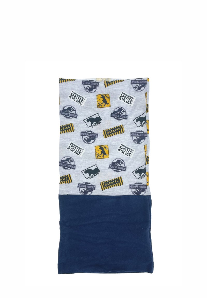 Tessuto grigio con diverse fantasie a tema Jurassic World in giallo e blu navy, con una sezione inferiore in blu navy uniforme. Texture morbida.