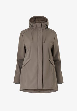 Taupe hættejakke med frontlynlås, snoretræk i hætten, to skrå lommer og lange ærmer, vist mod hvid baggrund.