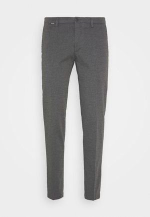Gray trousers with a textured fabric, slim fit, and standard waistband featuring a button and zip closure. No visible pockets.