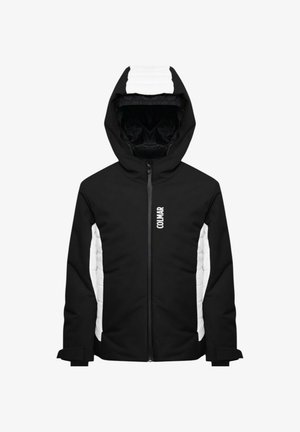 Giacca da sci con cappuccio in bianco e nero con cerniera frontale e logo "COLMAR" sul petto, con pannelli imbottiti bianchi sui lati e sul cappuccio.