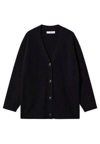 Černý cardigan vyrobený z měkké tkaniny, s výstřihem do V, dlouhými rukávy a šesti předními knoflíky pro zapínání. Uvolněný střih bez vzorů.