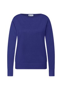 Pull en maille violet avec un col rond, des manches longues et des poignets et ourlet côtelés. Design simple avec une texture lisse.