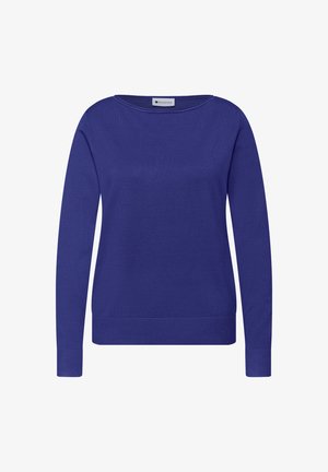 Fioletowy sweter dzianinowy z okrągłym dekoltem, długimi rękawami oraz prążkowanymi mankietami i brzegiem. Prosty wzór o gładkiej fakturze.