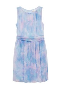 Leichtes, ärmelloses Kleid in Pastellblau mit rosa Akzenten. Verfügt über eine taillierte Taille und einen plissierten Rock. Glattes, fließendes Material.