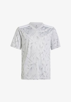 Grijze sport T-shirt met een geometrisch patroon, korte mouwen, V-hals ontwerp en drie witte strepen op de schouders.