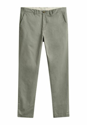 Lichte olijfgroene rechte herenbroek met zijzakken, riemlussen en knoopsluiting.