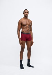 Rote Boxershorts mit Muster und einem schwarzen elastischen Bund mit "TOMMY HILFIGER" Schriftzug. Modell trägt dunkelblaue Socken und steht.