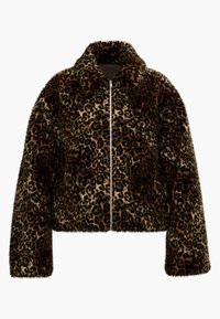 Nepluizijnen jas met een luipaardprint, voorzien van een ritssluiting, kraag en een cropped ontwerp. Voornamelijk in bruin- en zwarttonen.