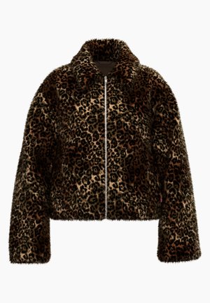 Nepluizijnen jas met een luipaardprint, voorzien van een ritssluiting, kraag en een cropped ontwerp. Voornamelijk in bruin- en zwarttonen.