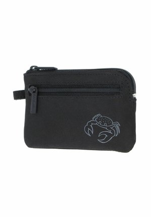 Petite pochette noire zippée avec une poche zippée à l'avant et une illustration de crabe blanc dans le coin inférieur droit.