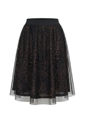 Ulla Popken, LAYERED MESH ELASTIC WAIST LEOPARD PRINT SKIRT - Falda acampanada - cinnamon