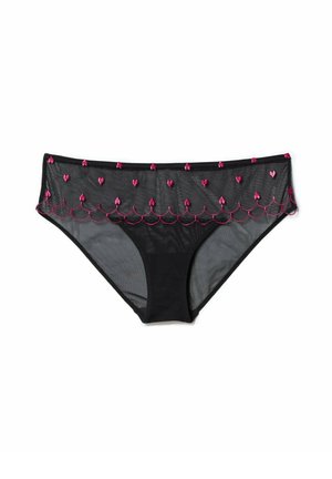 Schwarze Mesh-Hipsterunterhose mit rosa gestickten Herzakzenten und gewelltem Saum am Bund. Weicher Stoff, niedrige Passform.