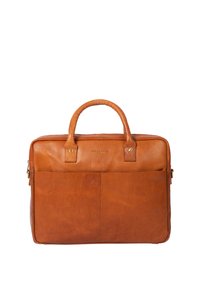 Brown leather briefcase with structured design, dual top handles, front pocket, and gold-tone hardware accents. Smooth texture, minimal branding.
