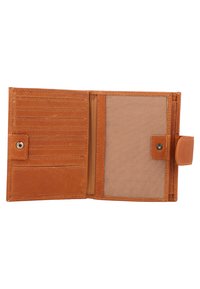 Tan leather wallet with multiple card slots, a clear ID holder, and a snap button closure. Interior features smooth and textured surfaces.