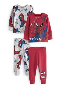 Zwei Sets Kinderpyjamas: eines in Grau mit Spider-Man-Graphics, das andere in Rot mit einem großen Spider-Man-Design. Weiche Textilien, lange Ärmel.