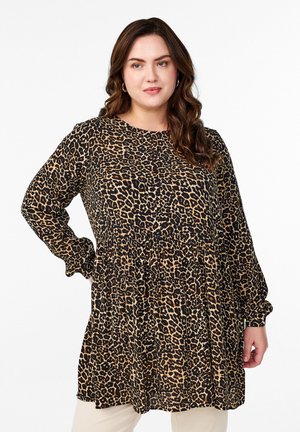 Luipaardprint tuniek, lange mouwen, ronde hals, losse pasvorm, gelaagd ontwerp, lichte stof, bruin en zwart kleurenpalet.